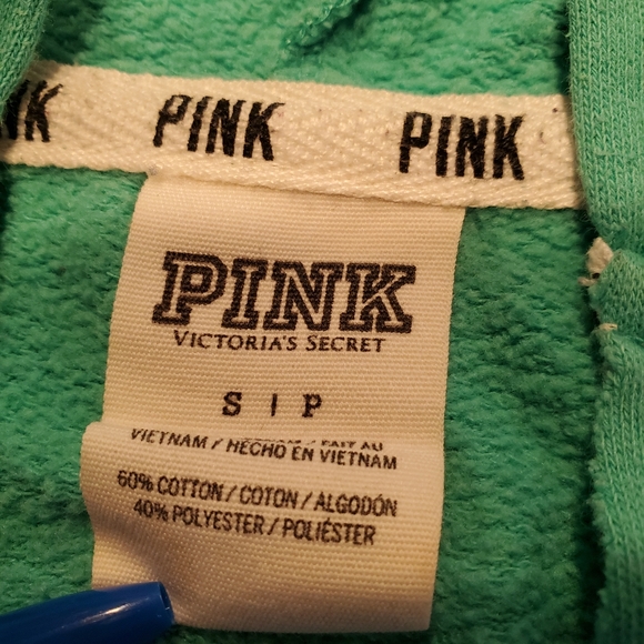 Victorias Secret LOVE Pink Mint Green Hoodie Size S Womens Drawstring Raw Hem - Picture 7 of 7